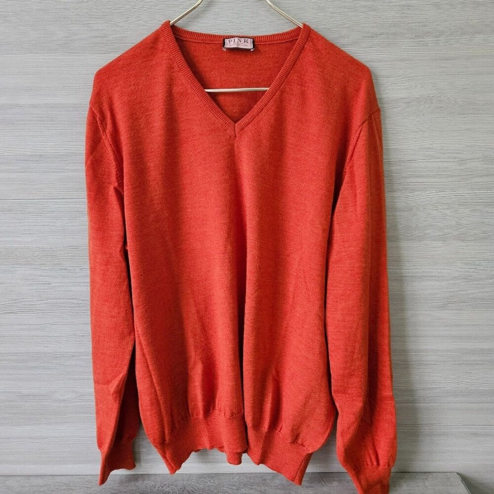 Thomas Pink XL Mens V-Neck Knit Sweater 100% Merino Wool Orange Made in Italy